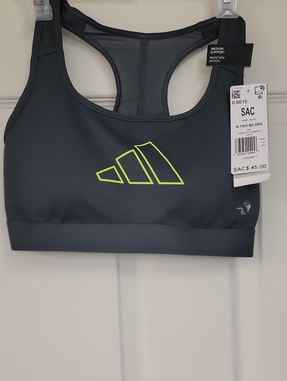 adidas Dark Gray Sports Swim Bra with Neon Yellow Logo